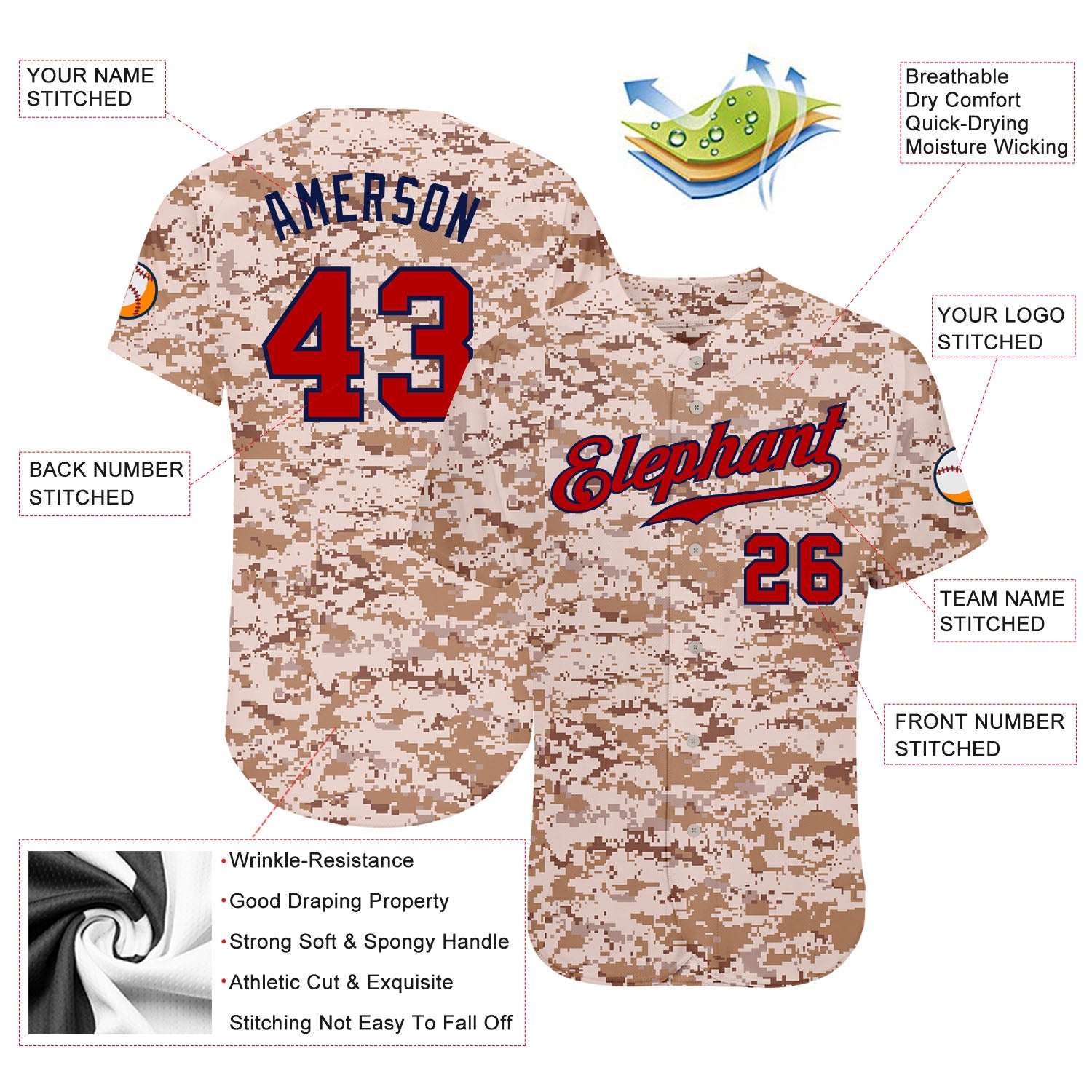 Custom Camo Red-Navy Authentic Baseball Jersey Discount
