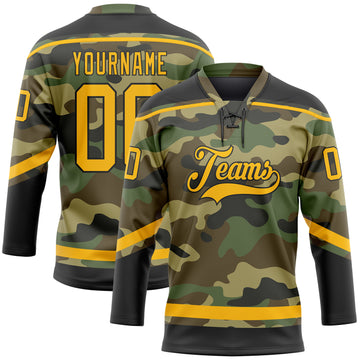 Custom Camo Gold-Black Salute To Service Hockey Lace Neck Jersey