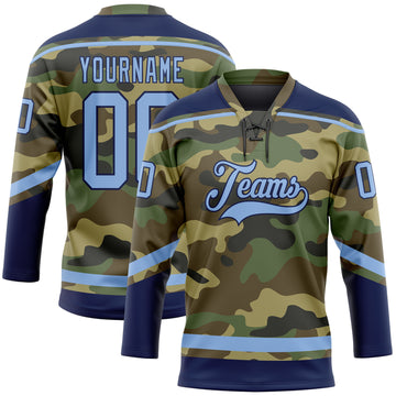 Custom Camo Light Blue-Navy Salute To Service Hockey Lace Neck Jersey