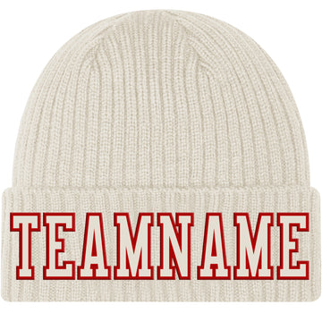 Custom Cream Cream-Red Stitched Cuffed Knit Hat