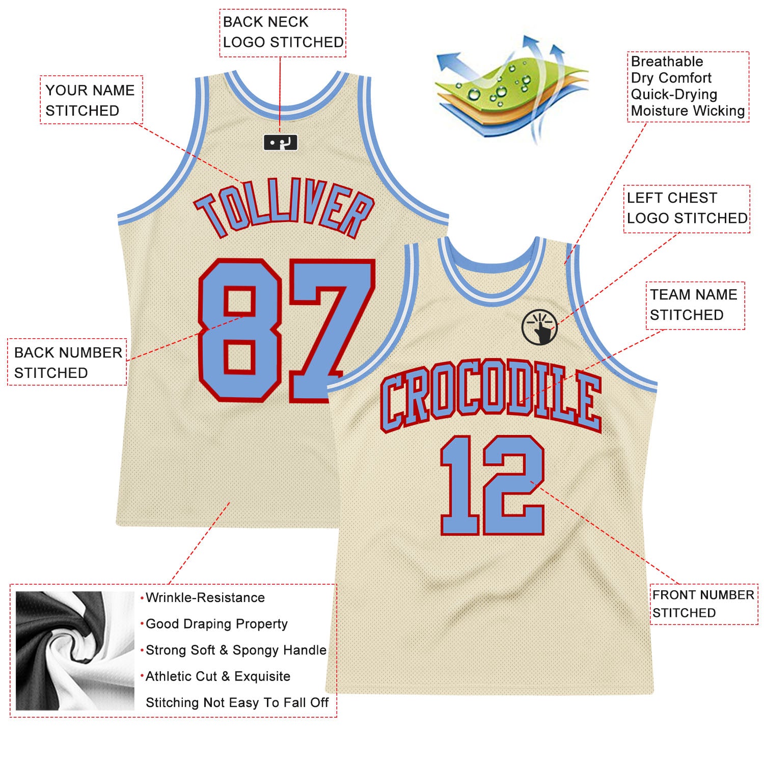 Custom Cream Light Blue-Red Authentic Throwback Basketball Jersey Discount