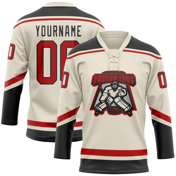 Custom Cream Red-Black Hockey Lace Neck Jersey