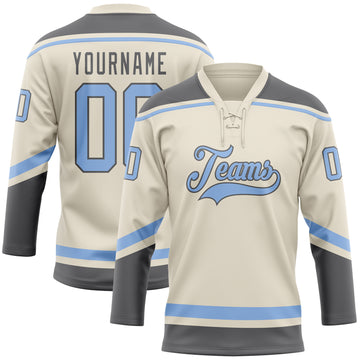 Custom Cream Light Blue-Steel Gray Hockey Lace Neck Jersey