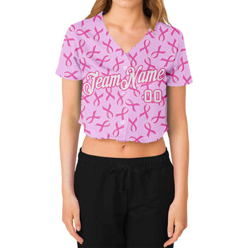 Custom Women's Pink White Breast Cancer 3D V-Neck Cropped Baseball Jersey
