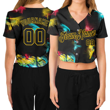 Custom Women's Graffiti Pattern Black-Gold 3D V-Neck Cropped Baseball Jersey