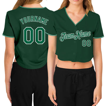 Custom Women's Green Kelly Green-White V-Neck Cropped Baseball Jersey