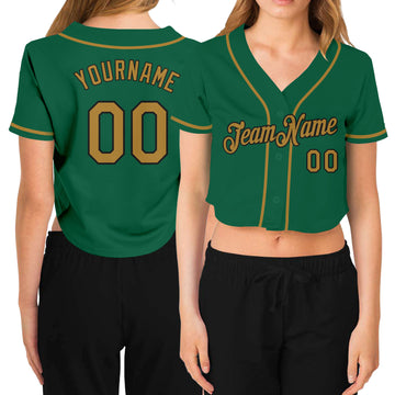 Custom Women's Kelly Green Old Gold-Black V-Neck Cropped Baseball Jersey