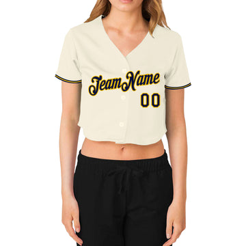 Custom Women's Cream Navy-Gold V-Neck Cropped Baseball Jersey