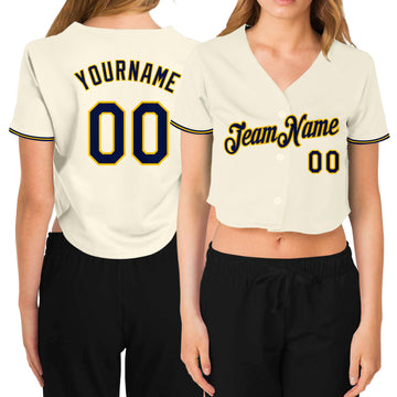 Custom Women's Cream Navy-Gold V-Neck Cropped Baseball Jersey