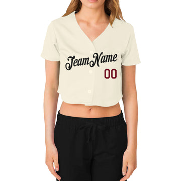 Custom Women's Cream Black-Crimson V-Neck Cropped Baseball Jersey