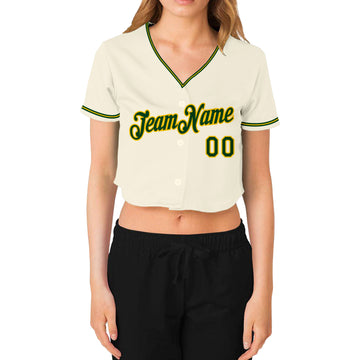 Custom Women's Cream Green-Gold V-Neck Cropped Baseball Jersey