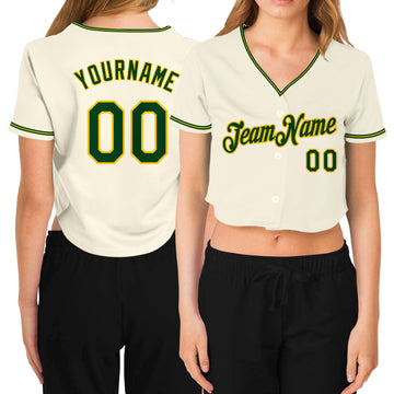 Custom Women's Cream Green-Gold V-Neck Cropped Baseball Jersey