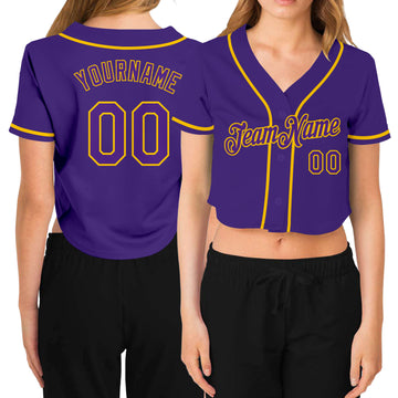 Custom Women's Purple Purple-Gold V-Neck Cropped Baseball Jersey