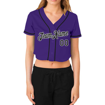 Custom Women's Purple Black-White V-Neck Cropped Baseball Jersey