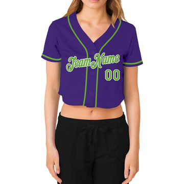 Custom Women's Purple Neon Green-White V-Neck Cropped Baseball Jersey