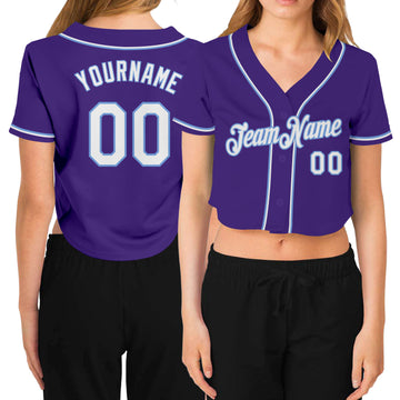 Custom Women's Purple White-Light Blue V-Neck Cropped Baseball Jersey