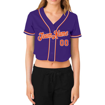 Custom Women's Purple Orange-White V-Neck Cropped Baseball Jersey