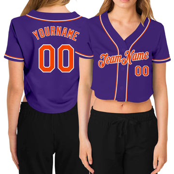 Custom Women's Purple Orange-White V-Neck Cropped Baseball Jersey