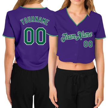 Custom Women's Purple Kelly Green-White V-Neck Cropped Baseball Jersey