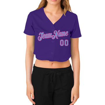 Custom Women's Purple Light Blue-Pink V-Neck Cropped Baseball Jersey