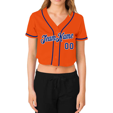 Custom Women's Orange Royal-White V-Neck Cropped Baseball Jersey