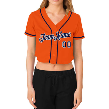 Custom Women's Orange Navy-White V-Neck Cropped Baseball Jersey