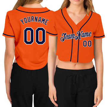 Custom Women's Orange Navy-White V-Neck Cropped Baseball Jersey