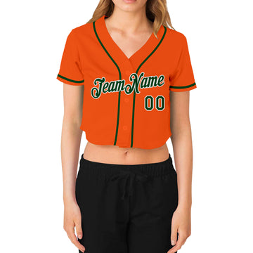 Custom Women's Orange Green-White V-Neck Cropped Baseball Jersey