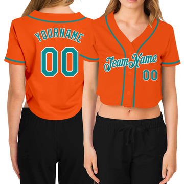 Custom Women's Orange Aqua-White V-Neck Cropped Baseball Jersey