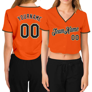 Custom Women's Orange Black Old Gold-White V-Neck Cropped Baseball Jersey