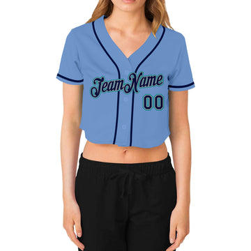 Custom Women's Light Blue Navy Gray-Aqua V-Neck Cropped Baseball Jersey