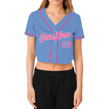 Custom Women's Light Blue Pink-White V-Neck Cropped Baseball Jersey