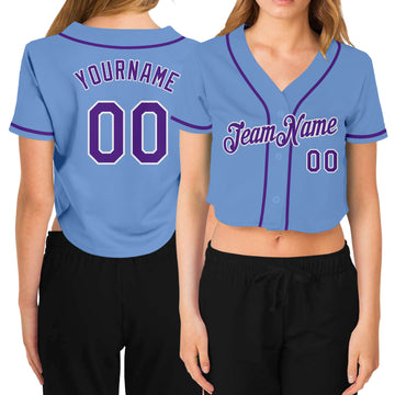 Custom Women's Light Blue Purple-White V-Neck Cropped Baseball Jersey