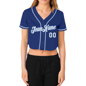 Custom Women's Royal White-Light Blue V-Neck Cropped Baseball Jersey