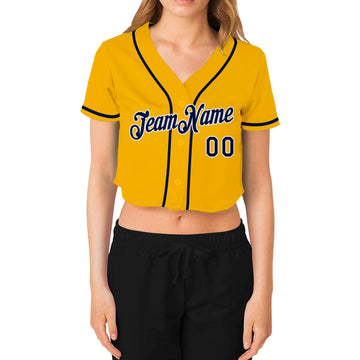 Custom Women's Gold Navy-White V-Neck Cropped Baseball Jersey