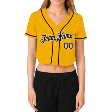 Custom Women's Gold Brown-White V-Neck Cropped Baseball Jersey