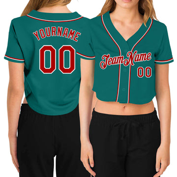 Custom Women's Aqua Red-White V-Neck Cropped Baseball Jersey