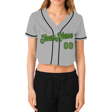 Custom Women's Gray Neon Green-Black V-Neck Cropped Baseball Jersey