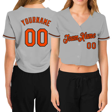 Custom Women's Gray Orange-Black V-Neck Cropped Baseball Jersey