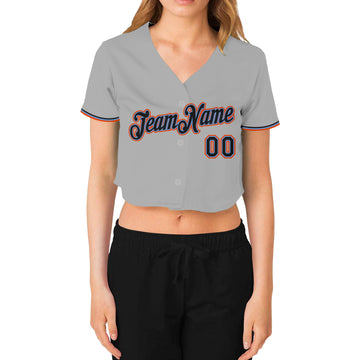 Custom Women's Gray Black Powder Blue-Orange V-Neck Cropped Baseball Jersey