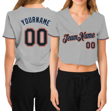 Custom Women's Gray Black Powder Blue-Orange V-Neck Cropped Baseball Jersey