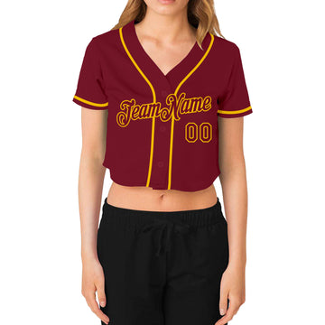 Custom Women's Crimson Crimson-Gold V-Neck Cropped Baseball Jersey