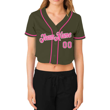 Custom Women's Olive Pink-White Salute To Service V-Neck Cropped Baseball Jersey