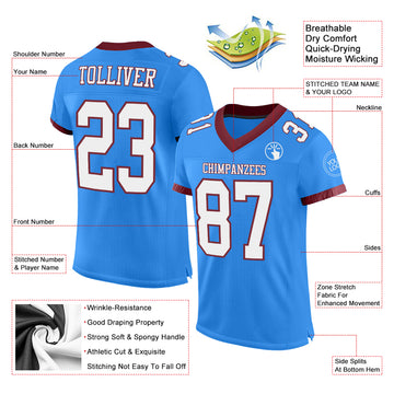 Custom Electric Blue White-Burgundy Mesh Authentic Football Jersey