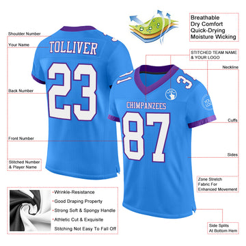 Custom Electric Blue White-Purple Mesh Authentic Football Jersey