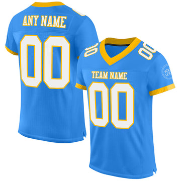 Custom Electric Blue White-Gold Mesh Authentic Football Jersey