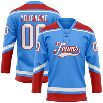 Custom Electric Blue White-Red Hockey Lace Neck Jersey