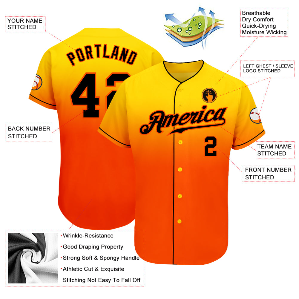 Custom Gold Black-Orange Authentic Fade Fashion Baseball Jersey