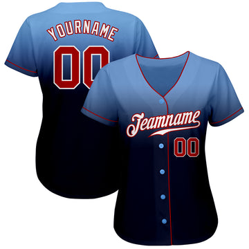 Custom Light Blue Red-Navy Authentic Fade Fashion Baseball Jersey