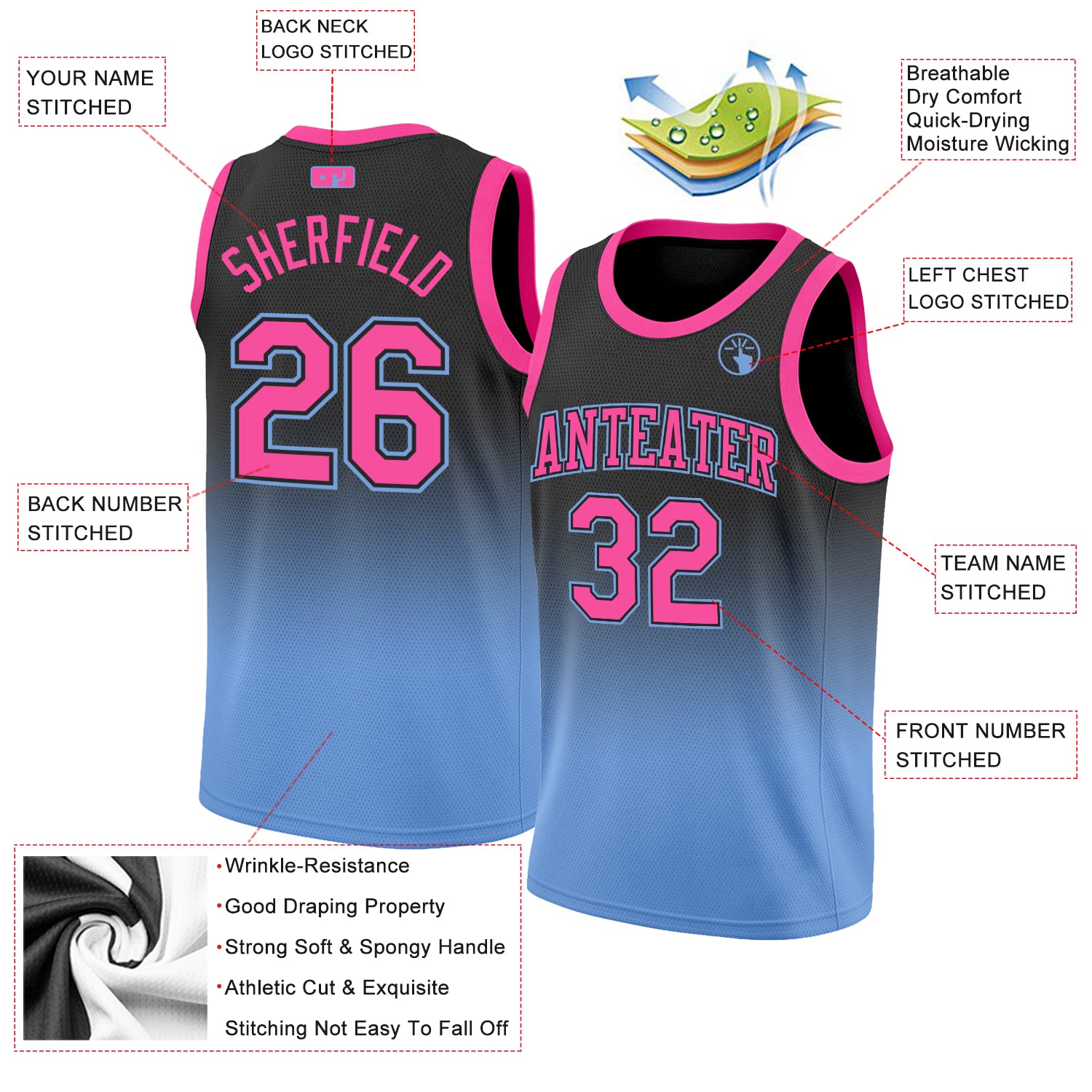 Custom Black Pink-Light Blue Authentic Fade Fashion Basketball